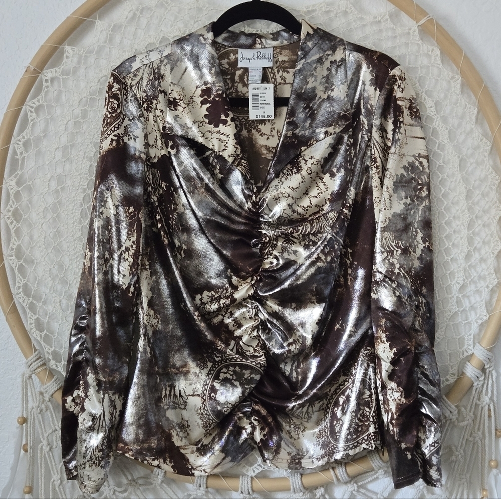 NWT Vtg Joseph Ribbcoff Brown Bronze Metallic Ruched Women's Top Size 14